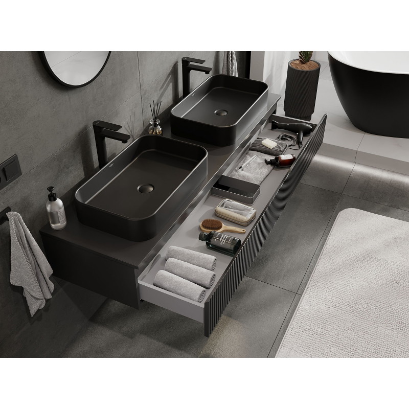 Mexen Rivel 160 cm Under-Sink Bathroom Cabinet, 1 Drawer, Fluted, Black Matte - 91A20-16023-1-BF71