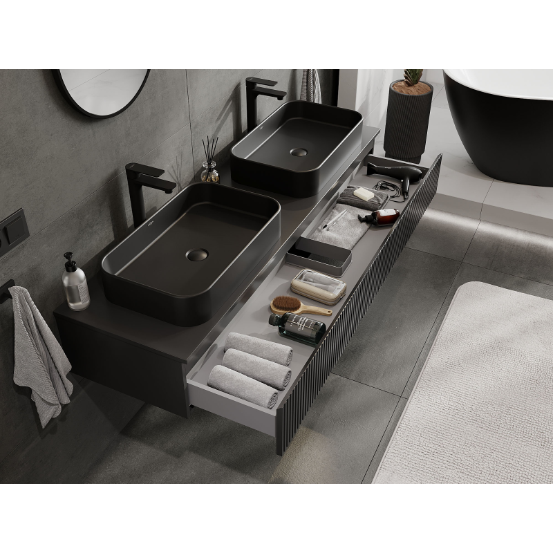 Mexen Rivel kylpyhuoneen allaskaappi, 160 cm, 1 laatikko, uurrettu, musta matta - 91A20-16023-1-BF71