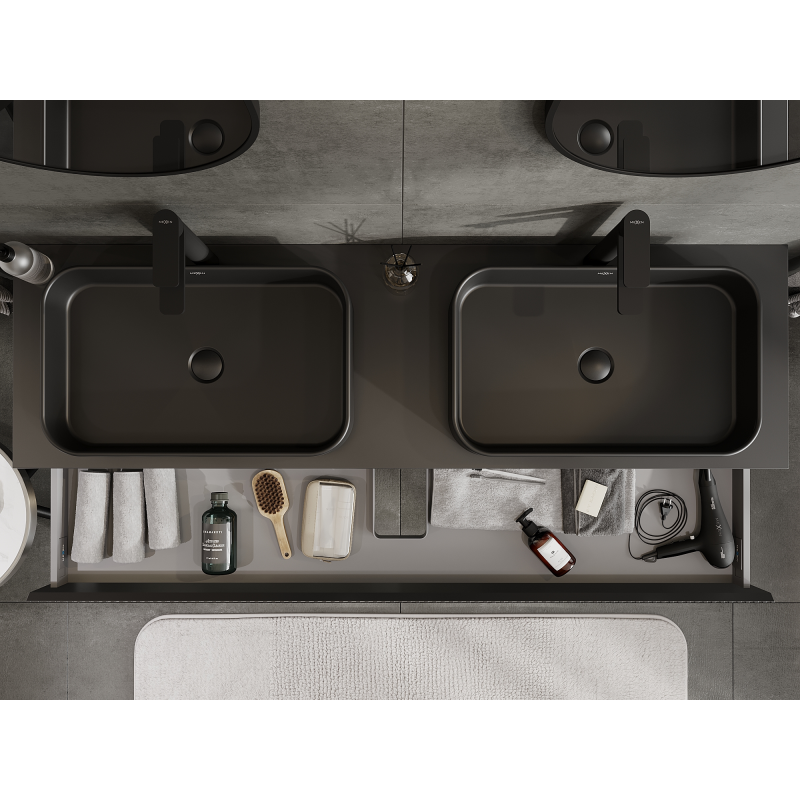 Mexen Rivel armário de casa de banho para lavatório de 160 cm, 1 gaveta, canelado, preto mate - 91A20-16023-1-BF71