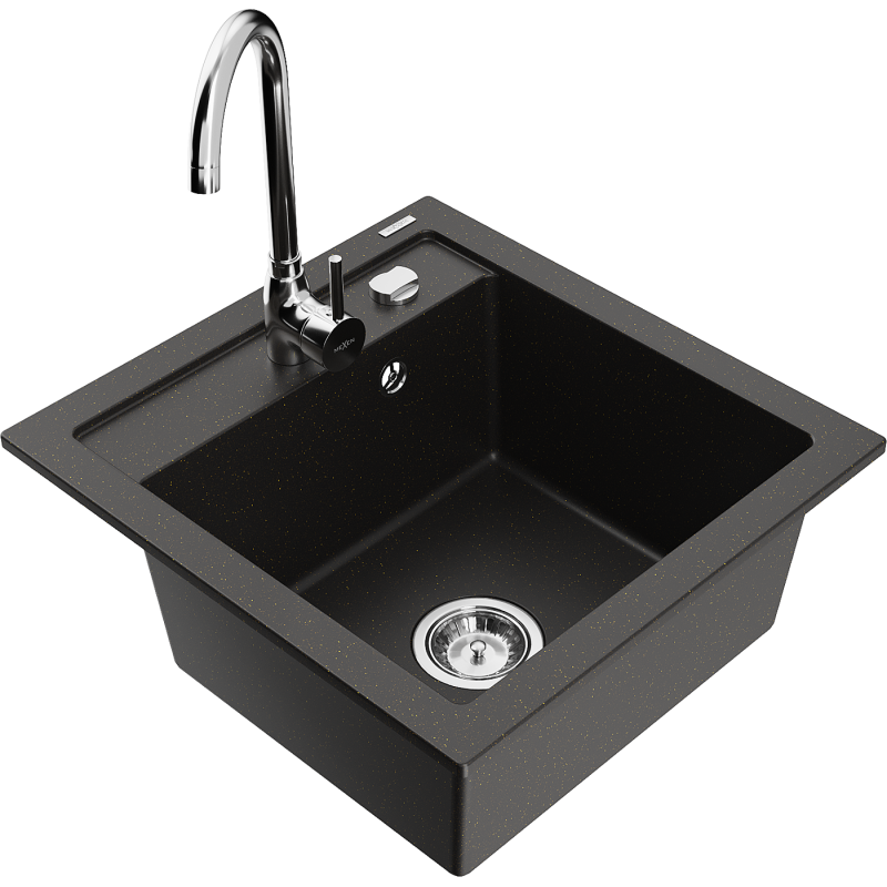 Mexen Vito granieten gootsteen met 1 bak en Telma keukenkraan, zwart/goud metallic - 6503-75-670200-00