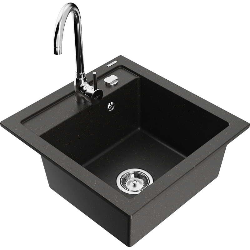 Mexen Vito lavello in granito 1-vasca con rubinetto da cucina Telma, nero/oro metallizzato - 6503-75-670200-00
