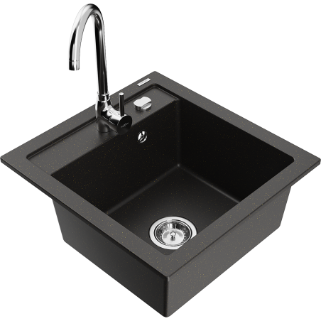Mexen Vito évier en granit 1 cuve avec mitigeur de cuisine Telma, noir/metallic doré - 6503-75-670200-00