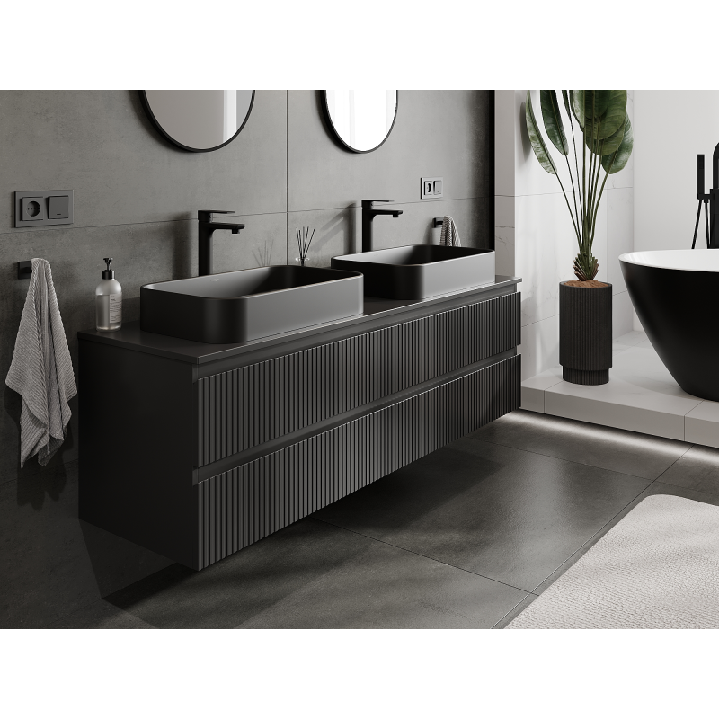 Mexen Rivel armário de casa de banho para lavatório 160 cm, 2 gavetas, ranhurado, preto mate - 91A20-16047-2-BFF71