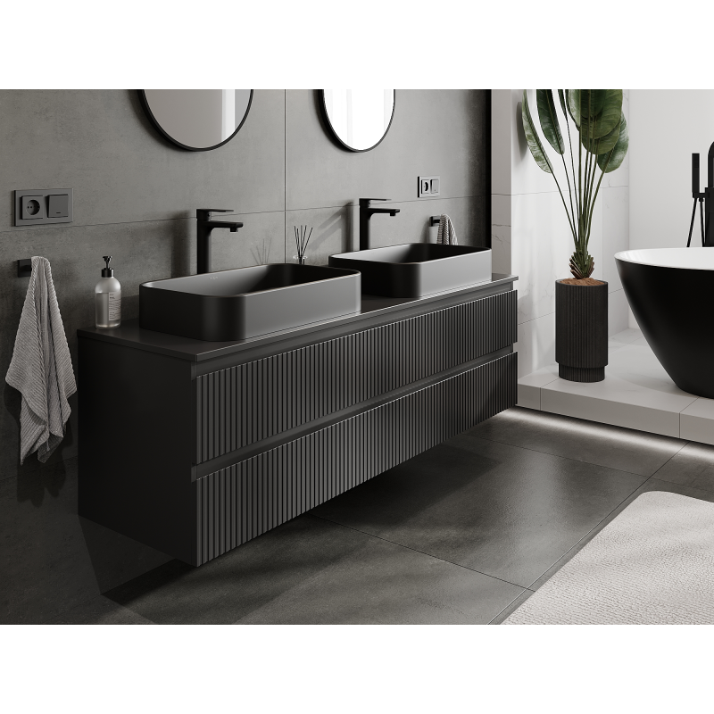 Mexen Rivel meuble de salle de bain sous-vasque 160 cm, 2 tiroirs, rainuré, noir mat - 91A20-16047-2-BFF71