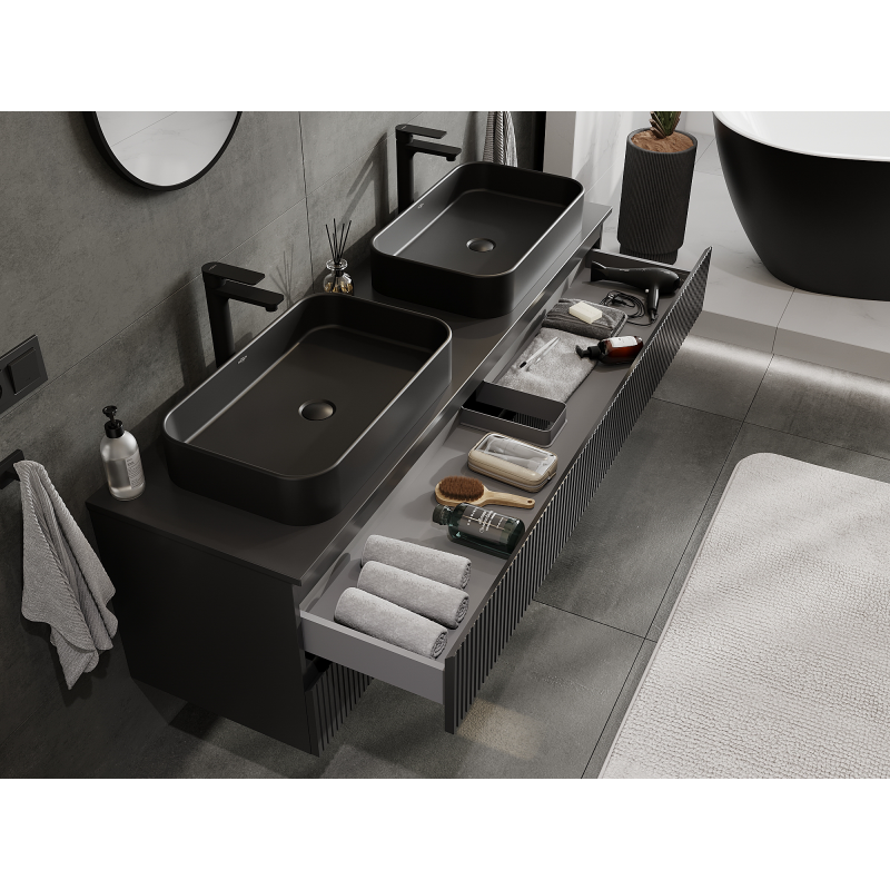 Mexen Rivel armário de casa de banho para lavatório 160 cm, 2 gavetas, ranhurado, preto mate - 91A20-16047-2-BFF71