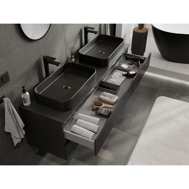 Mexen Rivel bathroom cabinet under the sink 160 cm, 2 drawers, grooved, matte black - 91A20-16047-2-BFF71