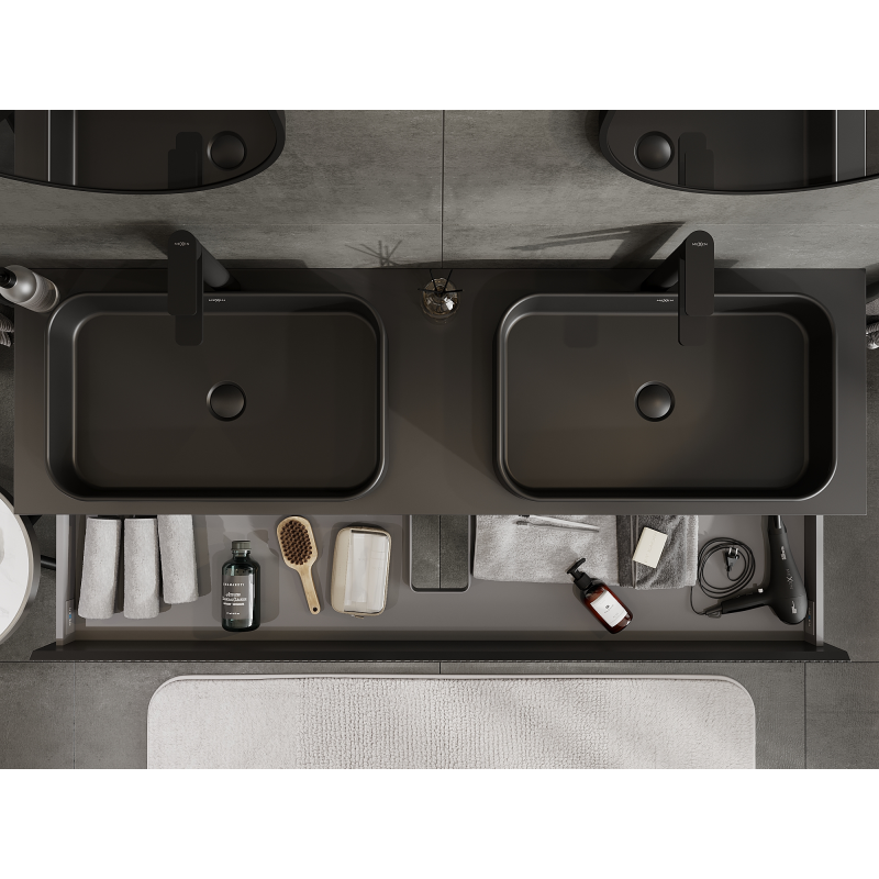 Mexen Rivel armario de baño bajo lavabo de 160 cm, 2 cajones, ranurado, negro mate - 91A20-16047-2-BFF71