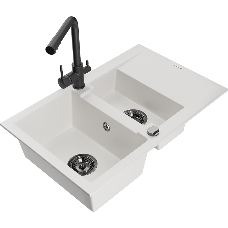 Mexen Gaspar fregadero de granito de 1,5 senos con escurridor y grifo de cocina Duero, blanco - 6507-20-671600-70
