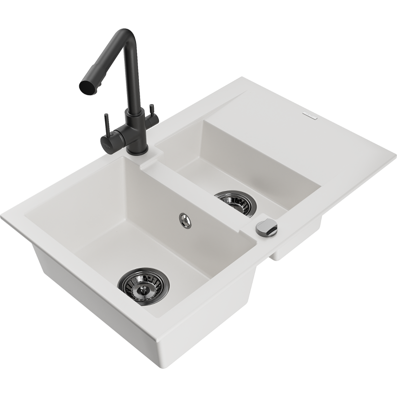 Mexen Gaspar granite kitchen sink 1.5-bowl with drainer and Duero kitchen tap, white - 6507-20-671600-70