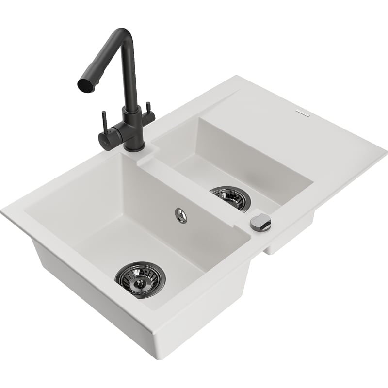 Mexen Gaspar granitspüle 1,5-becken mit abtropffläche und küchenarmatur Duero, weiß - 6507-20-671600-70