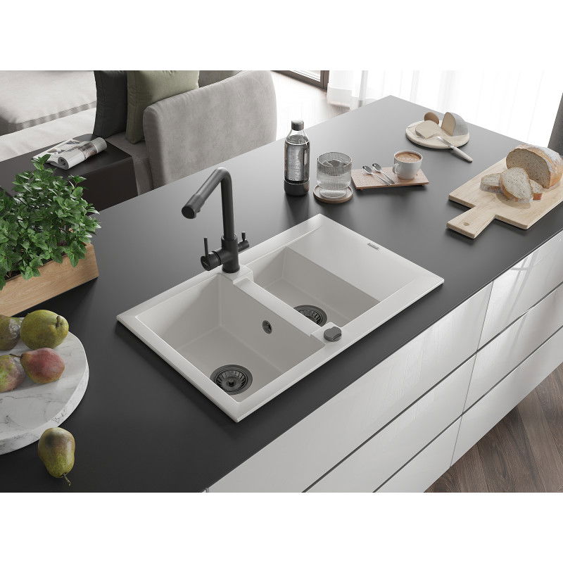 Mexen Gaspar lavello in granito 1,5 vasche con sgocciolatoio e miscelatore da cucina Duero, bianco - 6507-20-671600-70