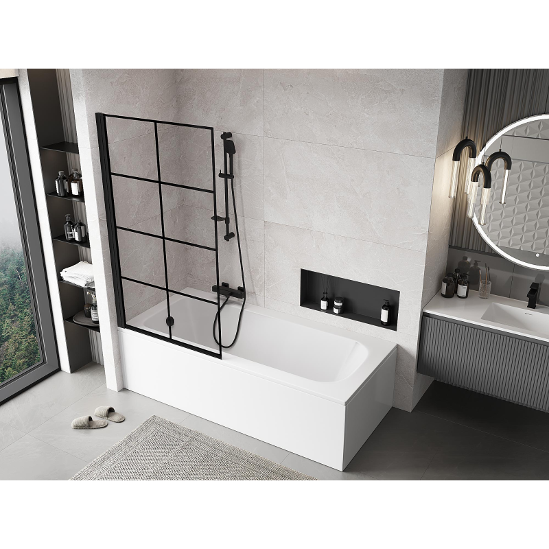 Mexen Mist paroi de baignoire à 1 volet gauche 90 x 150 cm, grille noire, noir - 8A9-090-001-70-77-L