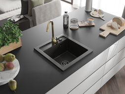Mexen Vito Granitspüle 1-Kammer mit Küchenarmatur Telma, schwarz/gold metallic - 6503-75-670200-50-B