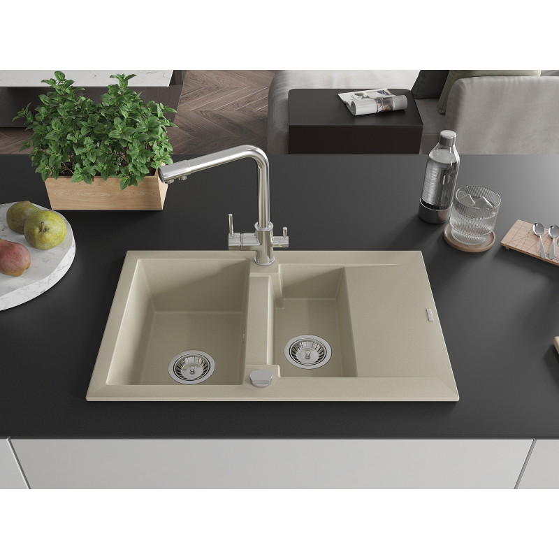Mexen Gaspar fregadero de granito de 1,5 senos con escurridor y grifo de cocina Duero, beige - 6507-69-671600-00