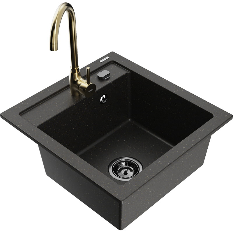 Mexen Vito granitische gootsteen 1-komor met keukenmengkraan Telma, zwart/gouden metallic - 6503-75-670200-50-B