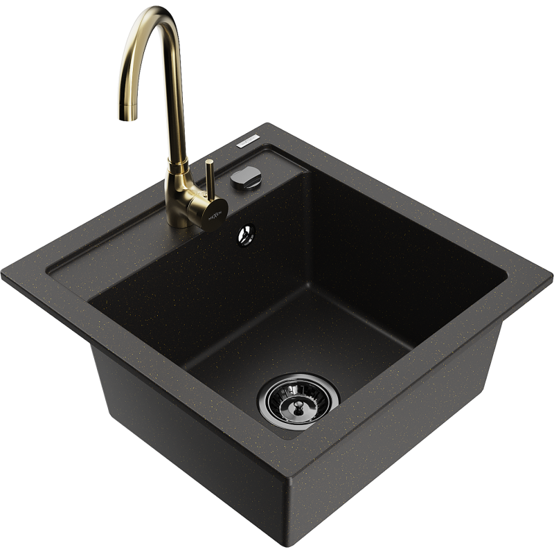 Mexen Vito Granitspüle 1-Kammer mit Küchenarmatur Telma, schwarz/gold metallic - 6503-75-670200-50-B