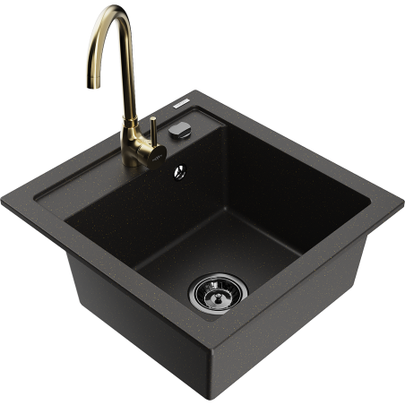 Mexen Vito Granite Sink 1-Bowl with Telma Kitchen Tap, Black/Gold Metallic - 6503-75-670200-50-B