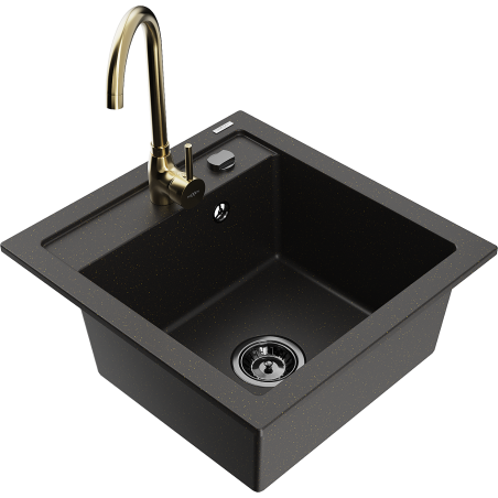 Mexen Vito Granitspüle 1-Kammer mit Küchenarmatur Telma, schwarz/gold metallic - 6503-75-670200-50-B