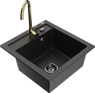 Mexen Vito Granitspüle 1-Kammer mit Küchenarmatur Telma, schwarz/gold metallic - 6503-75-670200-50-B