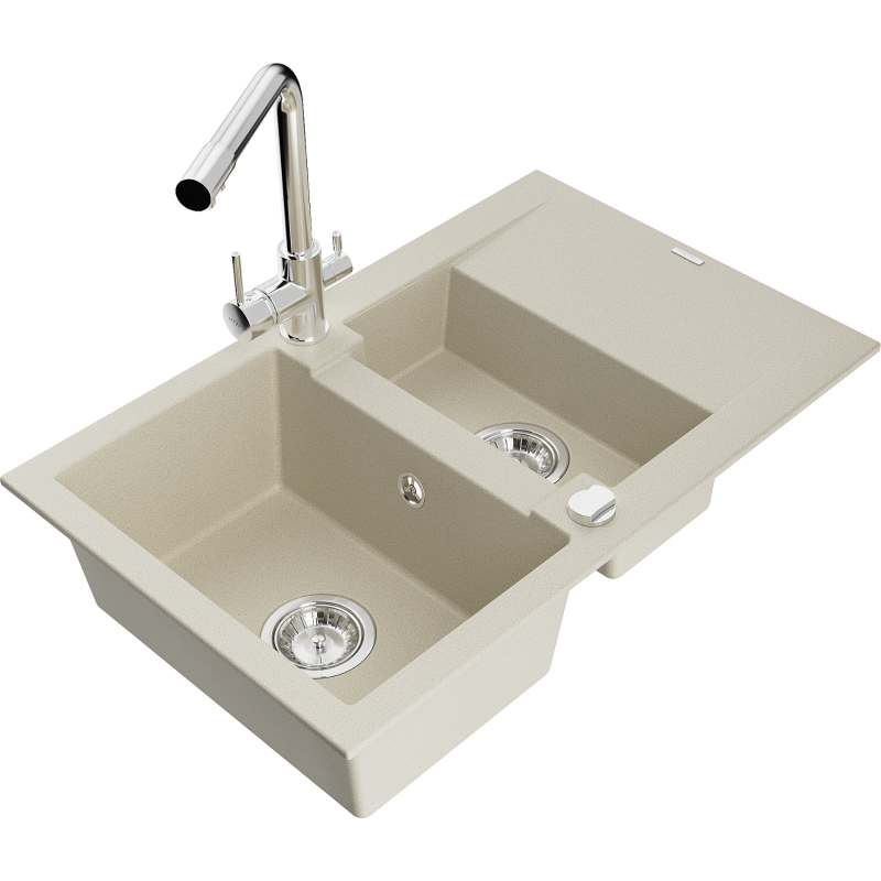 Mexen Gaspar évier en granit 1,5 bac avec égouttoir et robinet de cuisine Duero, beige - 6507-69-671600-00