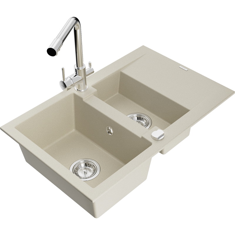 Mexen Gaspar fregadero de granito de 1,5 senos con escurridor y grifo de cocina Duero, beige - 6507-69-671600-00