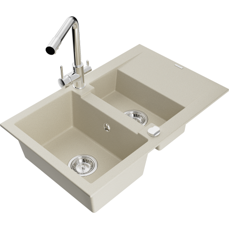 Mexen Gaspar fregadero de granito de 1,5 compartimentos con escurridor y grifo de cocina Duero, beige - 6507-69-671600-00