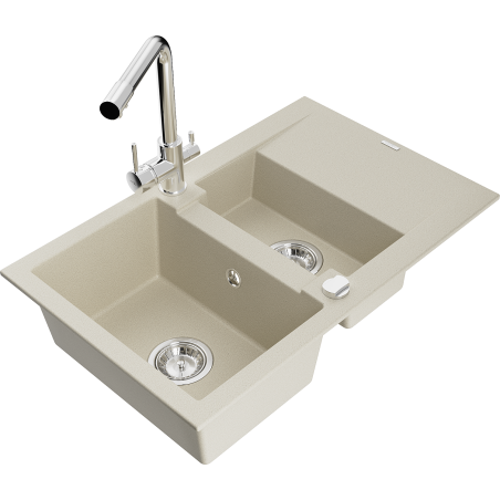 Mexen Gaspar granite sink 1.5-bowl with drainer and Duero kitchen faucet, beige - 6507-69-671600-00