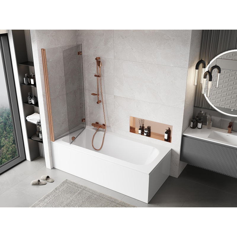 Mexen Mist parawan nawannowy 2-skrzydłowy lewy 140 x 150 cm, transparent, miedź szczotkowana - 8A9-140-002-65-00-L