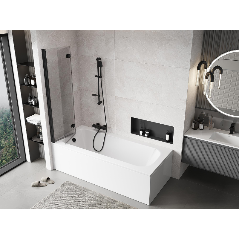 Mexen Mist badwand 2-delig links 90 x 150 cm, transparant, zwart - 8A9-090-002-70-00-L