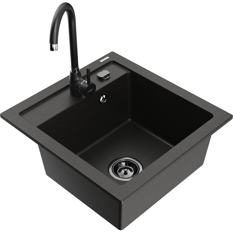 Mexen Vito fregadero de granito de 1 cubeta con grifería de cocina Telma, negro/dorado metálico - 6503-75-670200-70-B