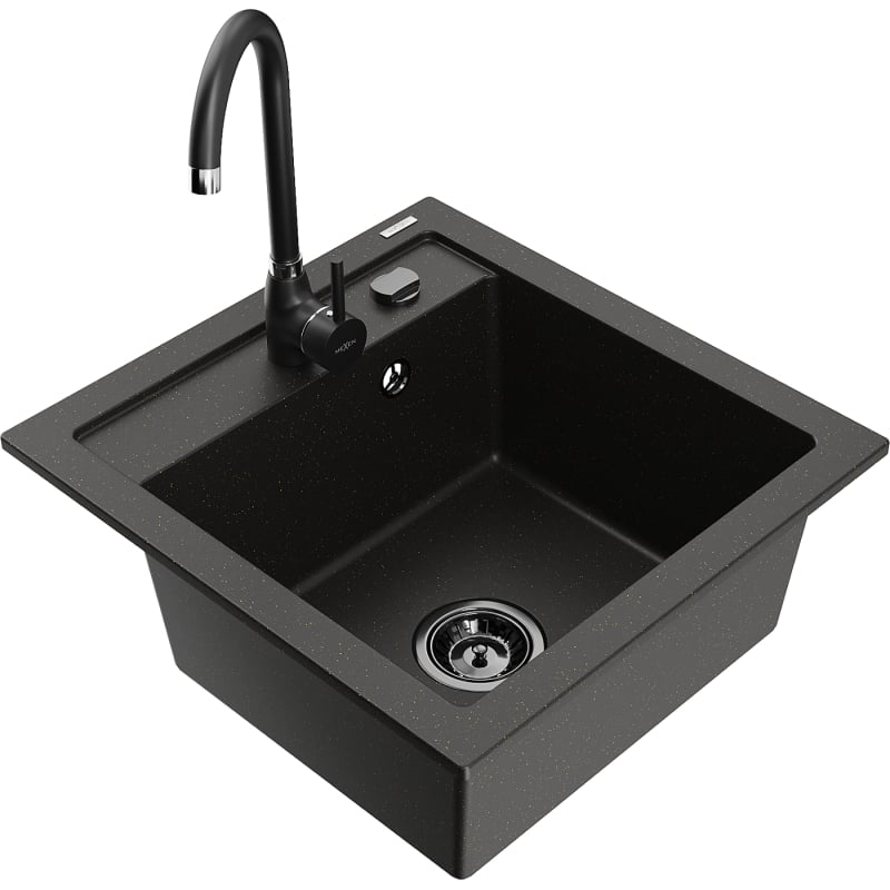 Mexen Vito fregadero de granito de 1 cubeta con grifo de cocina Telma, negro/dorado metálico - 6503-75-670200-70-B