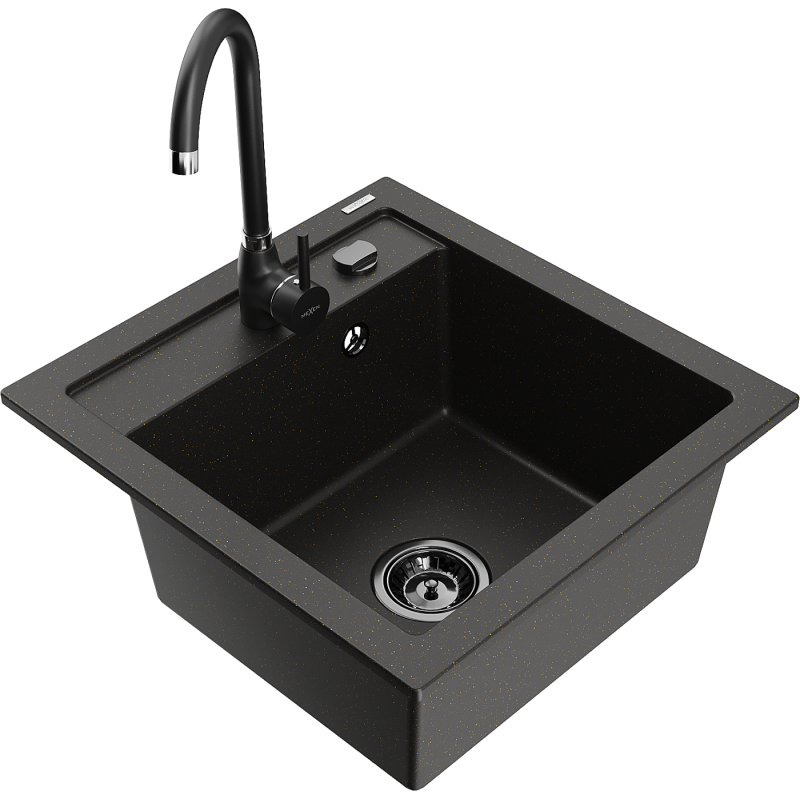 Mexen Vito fregadero de granito de 1 seno con grifo de cocina Telma, negro/dorado metálico - 6503-75-670200-70-B