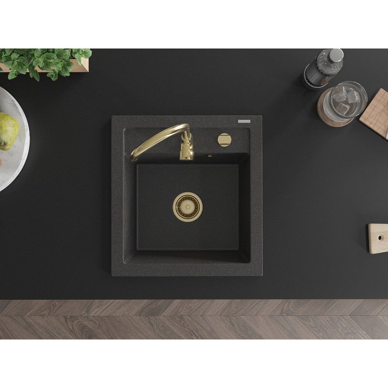 Mexen Vito fregadero de granito de 1 cámara con grifo de cocina Telma, negro moteado - 6503-76-670200-50