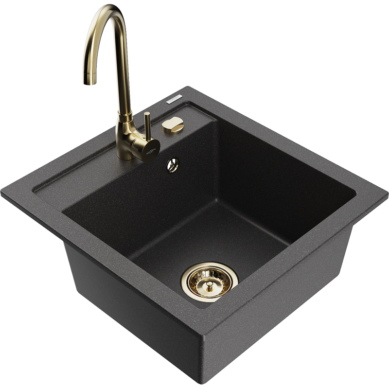 Mexen Vito 1-bowl granite kitchen sink with Telma kitchen tap, black speckled - 6503-76-670200-50