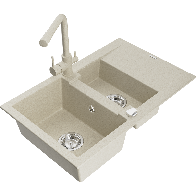Mexen Gaspar granieten spoelbak 1,5-compartiment met afdruipplaat en keukenmengkraan Duero, beige - 6507-69-671600-69