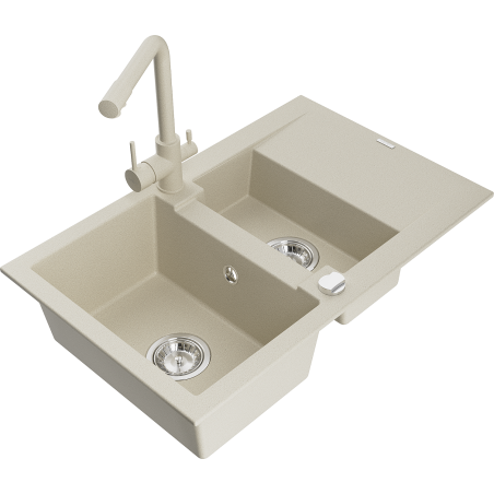 Mexen Gaspar évier en granit 1,5 bac avec égouttoir et robinet de cuisine Duero, beige - 6507-69-671600-69