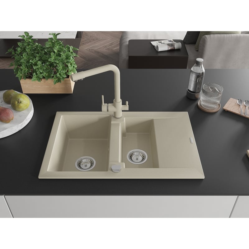Mexen Gaspar 1.5-bowl granite sink with drainer and Duero kitchen faucet, beige - 6507-69-671600-69