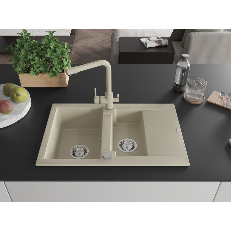 Mexen Gaspar fregadero de granito de 1,5 senos con escurridor y grifo de cocina Duero, beige - 6507-69-671600-69