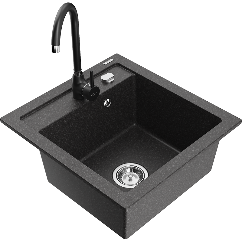 Mexen Vito fregadero de granito de 1 cubeta con grifo de cocina Telma, negro moteado - 6503-76-670200-70