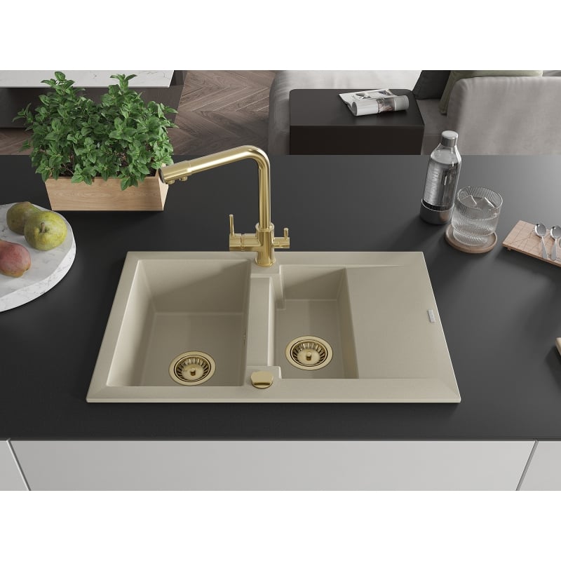 Mexen Gaspar 1.5-bowl granite sink with drainer and Duero kitchen faucet, beige - 6507-69-671600-50