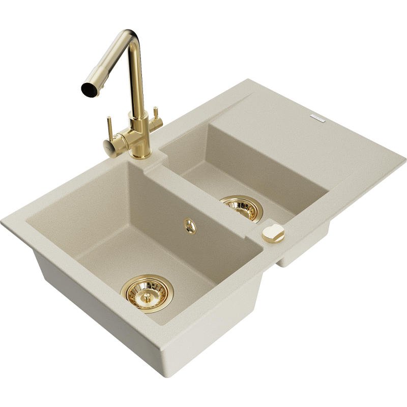 Mexen Gaspar fregadero de granito de 1,5 senos con escurridor y grifo de cocina Duero, beige - 6507-69-671600-50