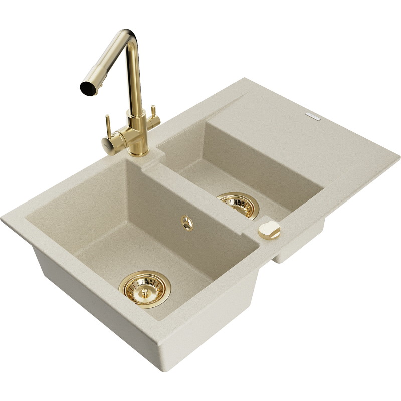 Mexen Gaspar granitische spoelbak 1,5-komor met afdruiprek en keukenmengkraan Duero, beige - 6507-69-671600-50