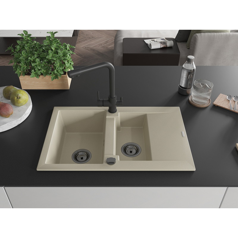 Mexen Gaspar granit gootsteen 1,5-komerig met afdruiprek en keukenkraan Duero, beige - 6507-69-671600-70