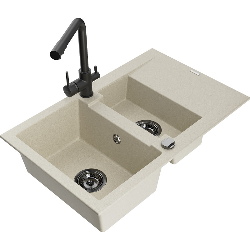 Mexen Gaspar fregadero de granito de 1,5 senos con escurridor y grifo de cocina Duero, beige - 6507-69-671600-70