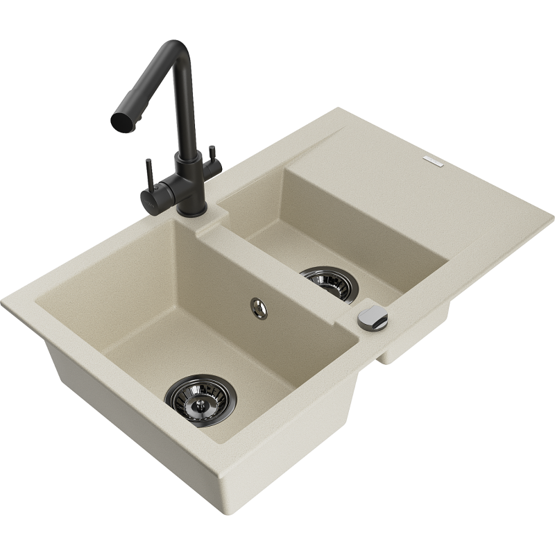 Mexen Gaspar fregadero de granito de 1,5 tazones con escurridor y grifo de cocina Duero, beige - 6507-69-671600-70