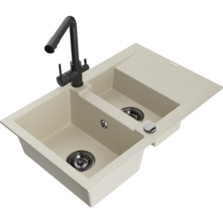 Mexen Gaspar granieten spoelbak 1,5-vaks met druiprek en keukenmengkraan Duero, beige - 6507-69-671600-70