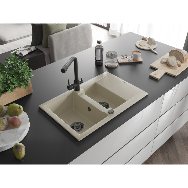 Mexen Gaspar granit gootsteen 1,5-komerig met afdruiprek en keukenkraan Duero, beige - 6507-69-671600-70