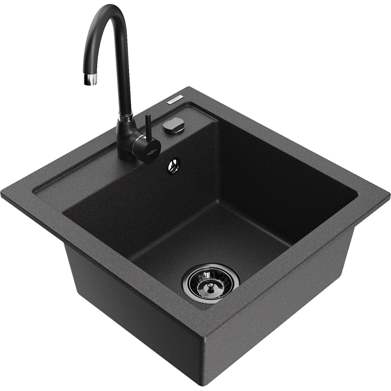 Mexen Vito Granitspüle, 1-Becken mit Küchenarmatur Telma, schwarz gesprenkelt - 6503-76-670200-70-B