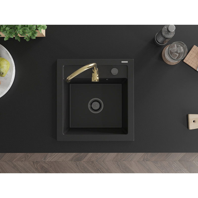 Mexen Vito 1-bowl granite sink with Telma kitchen tap, black - 6503-77-670200-50-B