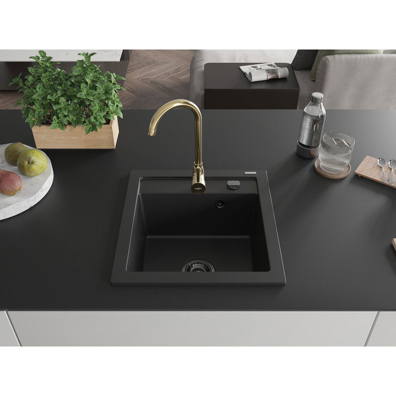 Mexen Vito 1-bowl granite sink with Telma kitchen tap, black - 6503-77-670200-50-B